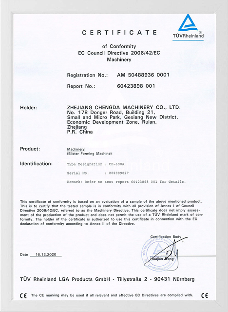 Certificado de Máquinas Chengda